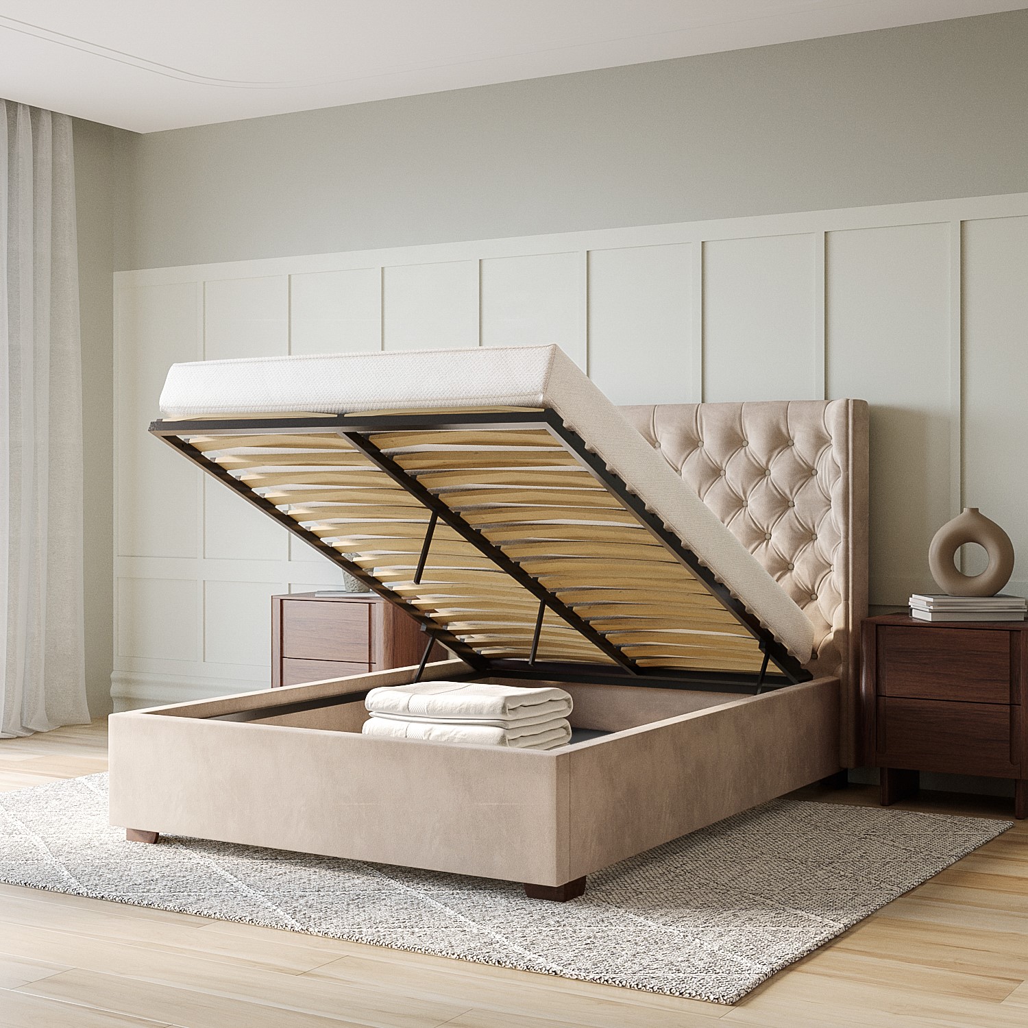 Read more about Beige velvet double ottoman bed with curved headboard milania